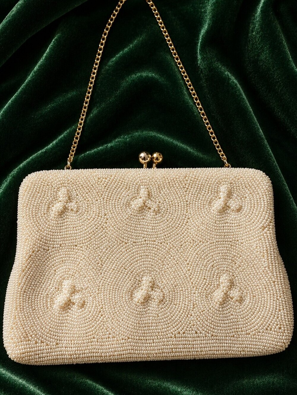 Vintage White Glass Beaded Clutch Purse Satin Lined MOP Evening Bag